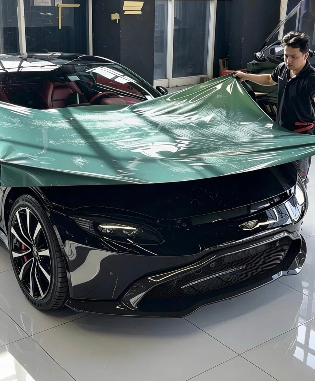 VZN film being fitted to the bonnet of an Aston Martin